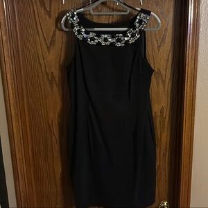 Connected Apparel Black Mini Dress with Embellished Neckline